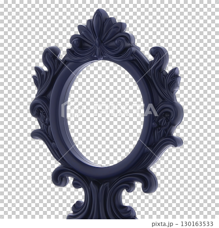 An ornate, dark blue oval picture frame with intricate floral and scrollwork details, exuding vintage and elegant charm. frame design is both decorative and sophisticated 130163533
