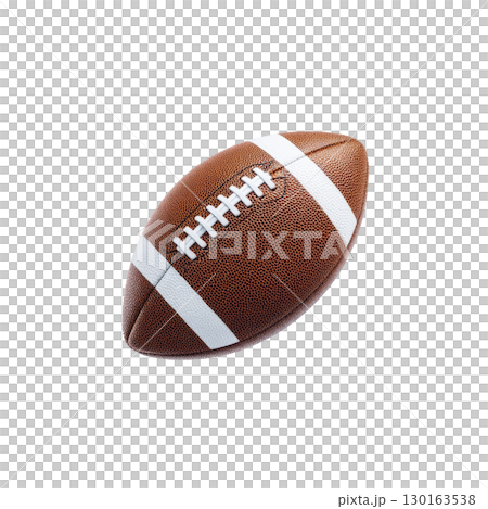 Brown leather American football with white laces and stripes is isolated on transparency background, showcasing its textured surface and classic design 130163538