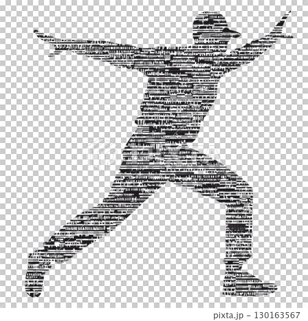 A silhouette of person in dynamic pose is filled with text, creating artistic and expressive design. figure appears to be leaping or dancing, conveying sense of movement and energy 130163567