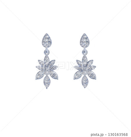 An Elegant silver earrings with floral design, featuring sparkling gemstones arranged in flower shape, perfect for adding touch of sophistication to any outfit 130163568