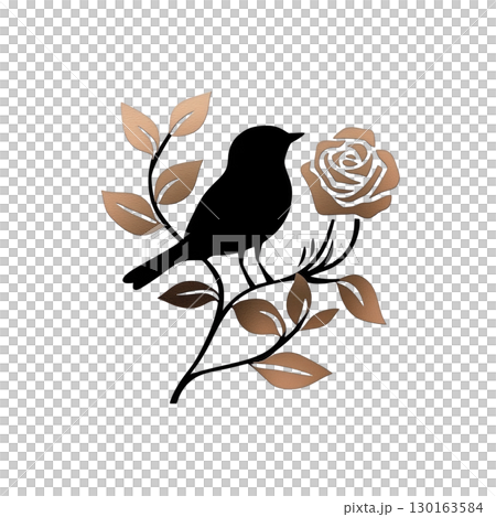 A silhouette of bird perched on branch with leaves and rose, creating elegant and artistic design. image features harmonious blend of nature elements 130163584