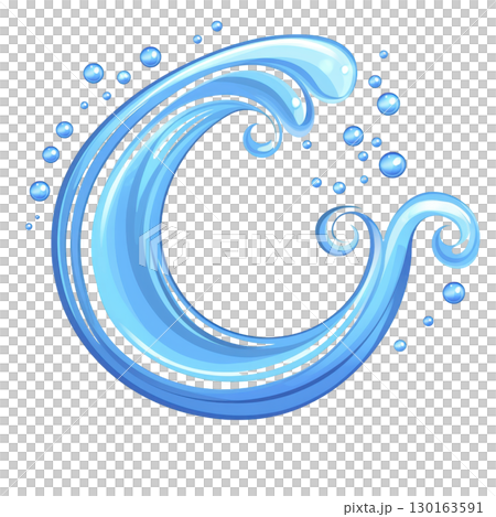 A stylized illustration of blue wave forming circular shape with water droplets surrounding it, conveying sense of motion and fluidity 130163591