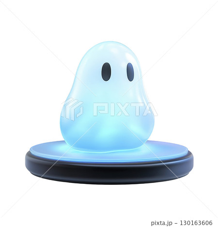 A This features cute glowing blue blob character with glossy surface sitting futuristic platform. character has simple black eyes and smooth rounded shape giving it friendly and whimsical appearance 130163606