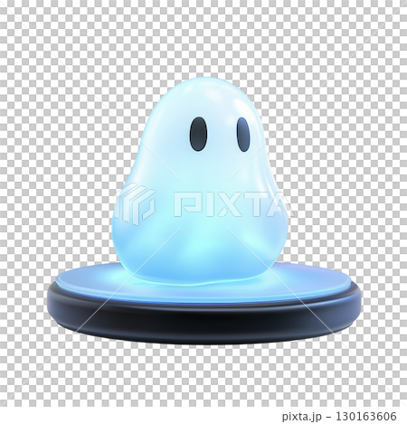 A This features cute glowing blue blob character with glossy surface sitting futuristic platform. character has simple black eyes and smooth rounded shape giving it friendly and whimsical appearance 130163606