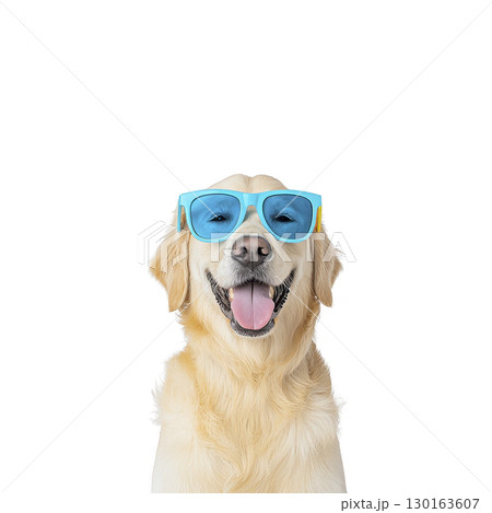 A happy golden retriever wearing blue sunglasses, smiling with its tongue out against plain background. playful expression adds fun and cheerful vibe to image 130163607