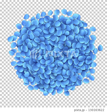 A vibrant pile of blue oval shaped pills is arranged in circular pattern against transparency background, creating striking visual effect 130163622