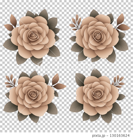 An Elegant digital illustrations of four beige roses with green leaves and small branches, showcasing symmetrical and artistic floral design. Perfect for decorative and creative projects 130163624