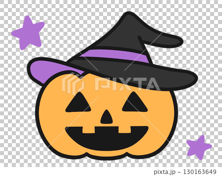 Illustration of a Halloween pumpkin wearing a witch's hat Illustration of a Halloween pumpkin wearing a witch's hat 130163649