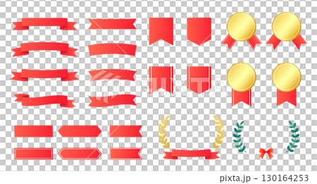 赤いリボンと金色のメダルのベクターイラストセット 130164253