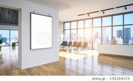 Modern office interior with blank poster mockup on wall and seating area 130164255