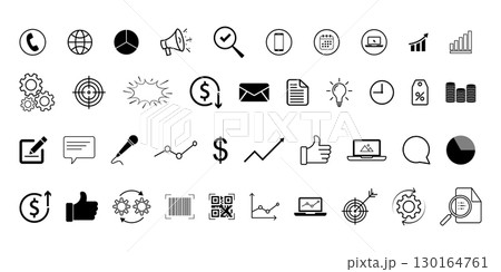 Collection of business and marketing icons, including charts, communication, money, gears, search, and digital tools for presentations and branding. 130164761