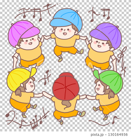 孩子們戴著五顏六色的帽子圍成一圈快樂跳舞的插圖 130164936