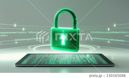 Green digital security padlock floating above a tablet with holographic interface representing cybersecurity protection and digital safety concepts 130165086