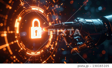 Futuristic robotic hand pressing a digital lock button surrounded by glowing security icons representing advanced cybersecurity and protection technology 130165105