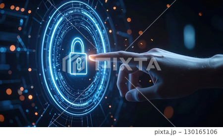 Advanced digital security concept with glowing lock icon on futuristic technology interface for cybersecurity protection and data privacy visualization 130165106