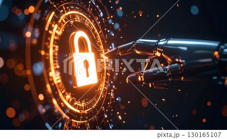 Futuristic robotic hand interacting with a glowing digital pad displaying a secure lock symbol in a high-tech data security concept scene 130165107