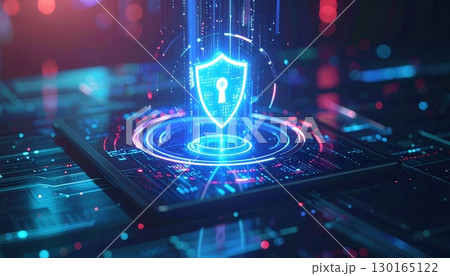 Digital security shield icon glowing on a futuristic smartphone screen representing cybersecurity and data protection technology concept 130165122