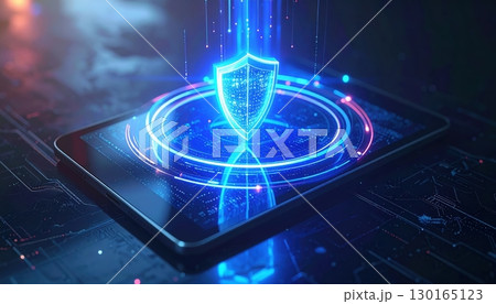 Digital Security Shield Protection Technology Illustration Showing Cybersecurity Concept with Bright Blue Shield Icon on Smartphone Screen in a Futuristic Digital Environment 130165123