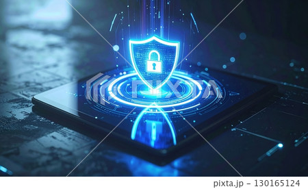 Digital security concept showing a bright glowing shield with a lock symbol floating above a modern smartphone screen in a high-tech environment 130165124