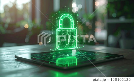 Digital security lock icon glowing on tablet screen representing cybersecurity protection and data privacy in a modern technology environment 130165126