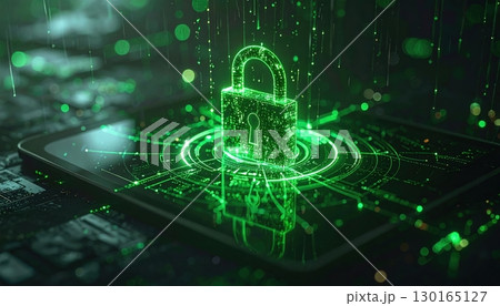 futuristic digital padlock security technology concept with glowing green lock symbol on screen representing cybersecurity data protection and digital safety 130165127
