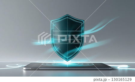 Futuristic Digital Shield Protective Technology Concept with Glowing Blue Light Hove Above Laptop Surface in a Modern Safe Data Environment 130165129