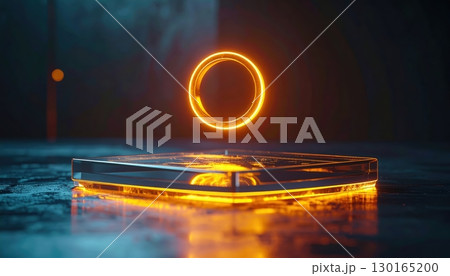Stunning neon circular glowing with vibrant orange light hove above a reflective glass surface in a dark atmospheric background creating a futuristic and cinematic scene 130165200