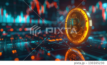 Digital Bitcoin coin with blockchain graphics and financial data background representing cryptocurrency technology and digital currency trading concept 130165230