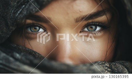 Close up portrait of woman with striking blue eyes and well defined eyebrows, partially covered by dark fabric, conveying confidence and mystery 130165395