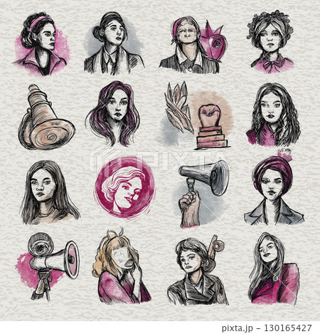 Collection of hand drawn icons of women, feminism, and women rights with expressive faces, symbols, and protest elements, emphasizing empowerment Collection of hand drawn icons of women, feminism, and women rights with expressive faces, symbols, and protest elements, emphasizing empowerment 130165427