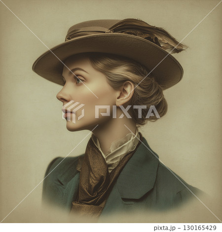 Vintage style woman wearing hat with feathers elegant attire classic portrait historical fashion sophisticated look timeless elegance refined Vintage style woman wearing hat with feathers elegant attire classic portrait historical fashion sophisticated look timeless elegance refined 130165429