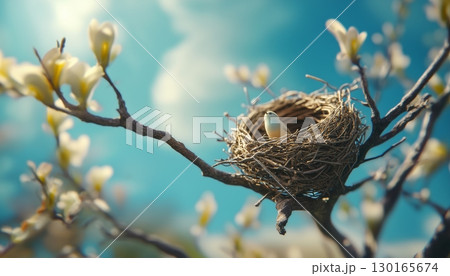 twig animal nest in tree new born house habitat with blue sky blurred background 130165674