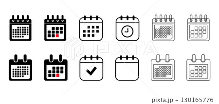Calendar icons featuring dates, schedules, check marks, clocks, and event highlights. 130165776