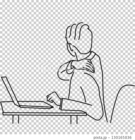 イラスト素材: 肩こりに悩む男性の後ろ姿モノクロ線画ベクター|パソコン作業中の疲労 イラスト素材: 肩こりに悩む男性の後ろ姿モノクロ線画ベクター|パソコン作業中の疲労 130165836