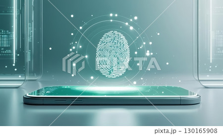 futuristic fingerprint scanner with digital fingerprint recognition technology on transparent screen with glowing interface in a high-tech environment 130165908