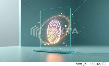 Futuristic digital fingerprint scanner hologram interface with glowing effects on sleek transparent display modern biometric technology concept 130165909