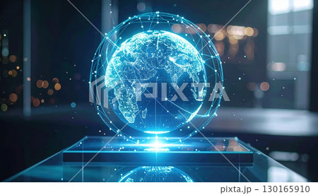 Futuristic digital hologram of Earth planet with interconnected network lines glowing in a modern office setting with bokeh lights background 130165910