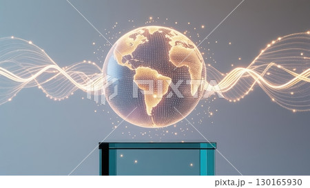 Modern digital illustration of a glowing earth globe with interconnected wave lines representing global communication and technology on a sleek stand 130165930