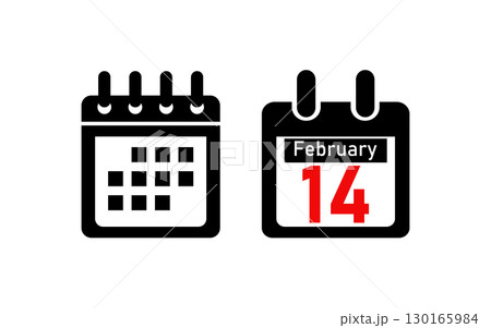 Calendar icons, one showing a generic month grid and the other highlighting February 14th, symbolizing Valentines Day. 130165984