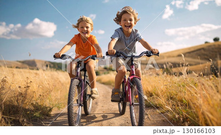 自転車で並走する海外の子どもたち 130166103