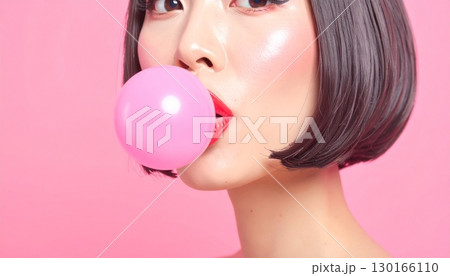 ガムをふくらませるボブの女性 130166110