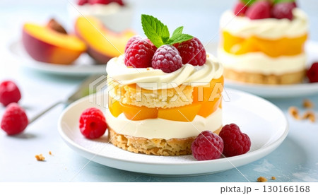 Raspberry cheesecake with fresh berries and cream, a delicious sweet dessert 130166168