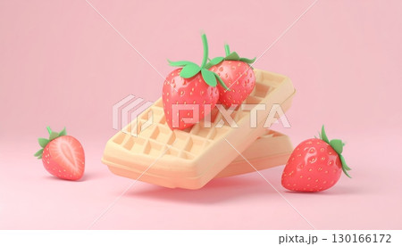 Strawberry waffle on pink background, 3d render 130166172
