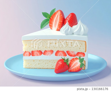 A delectable slice of gourmet strawberry cake with fresh strawberries, cream, 3d render 130166176