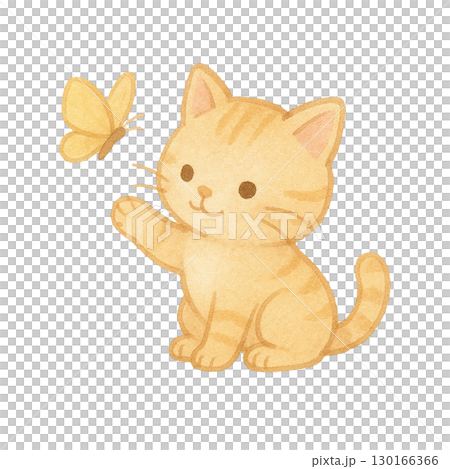一隻小貓和蝴蝶玩耍的插圖 130166366