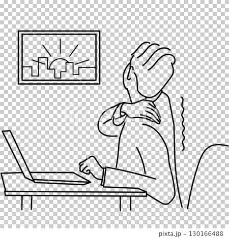Stock Illustration: Monochrome line drawing of a man's back who complains of stiff shoulders after an upset night 130166488