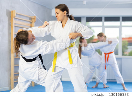 Females in kimono practicing fighting moves Females in kimono practicing fighting moves 130166588
