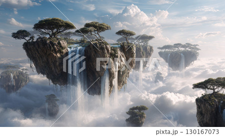 Floating islands sky waterfall cloud tree fantasy landscape serene dreamlike nature 130167073