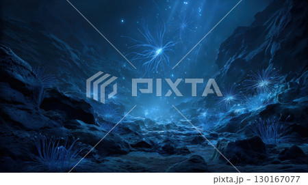 Bioluminescent creatures glow in deep sea trench, creating mysterious underwater landscape Bioluminescent creatures glow in deep sea trench, creating mysterious underwater landscape 130167077