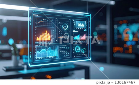 Advanced digital data analysis interface with real-time graphs financial charts and technological dashboard with futuristic holographic display for data monito 130167467